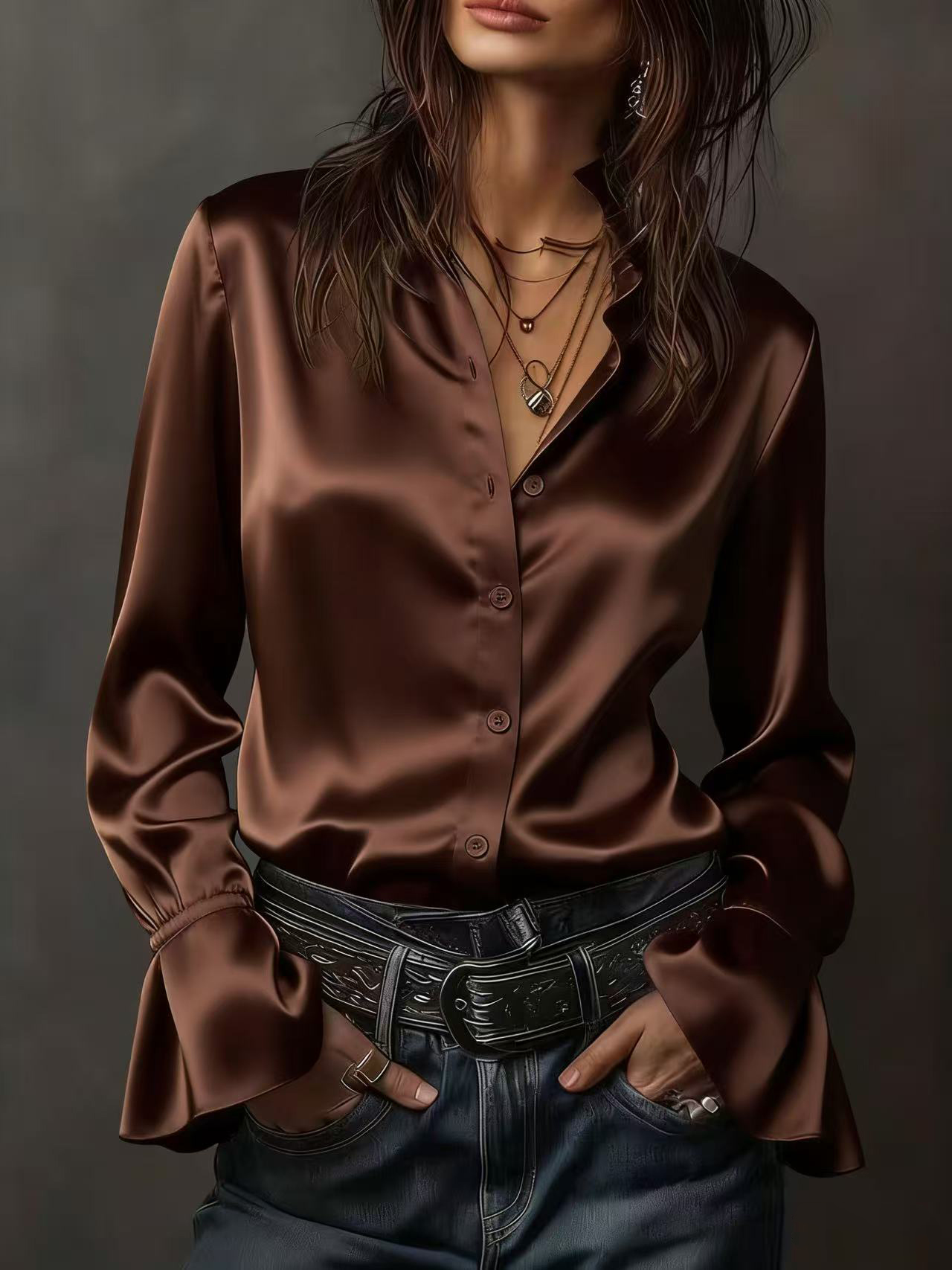Chemise en soie unie à manches longues, nouveau style printemps-été, mode féminine streetwear, col en V, coupe droite, polyester satiné