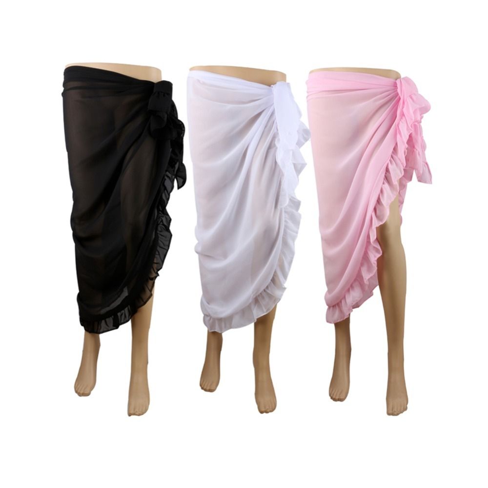 Robe de plage longue en mousseline de soie transparente pour femme, avec volants, couleur unie, protection solaire