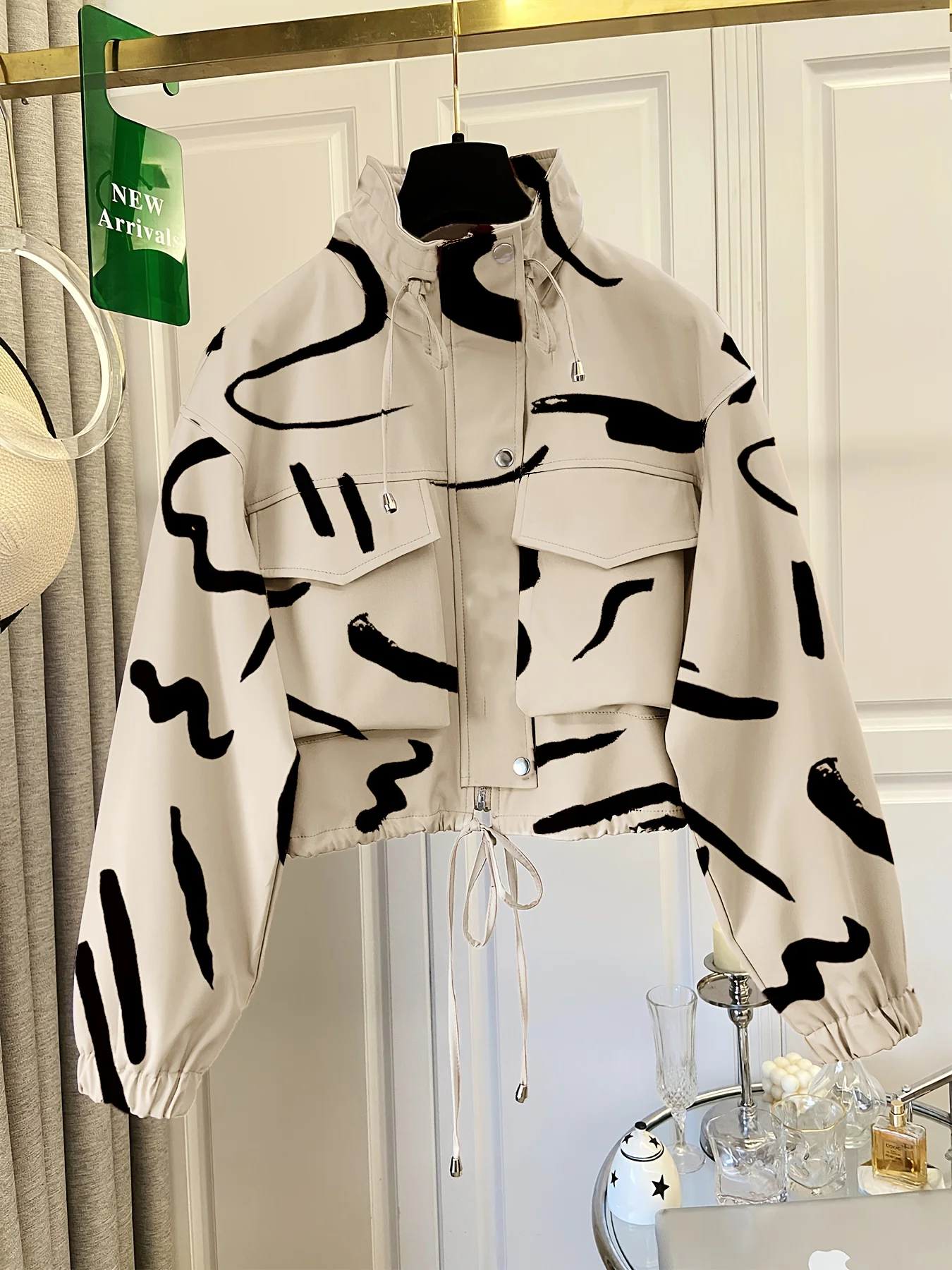 Veste décontractée à cordon de serrage imprimée à la mode pour femmes |   Printemps/Été, polyvalent pour les trajets quotidiens, les vacances et les soirées élégantes
