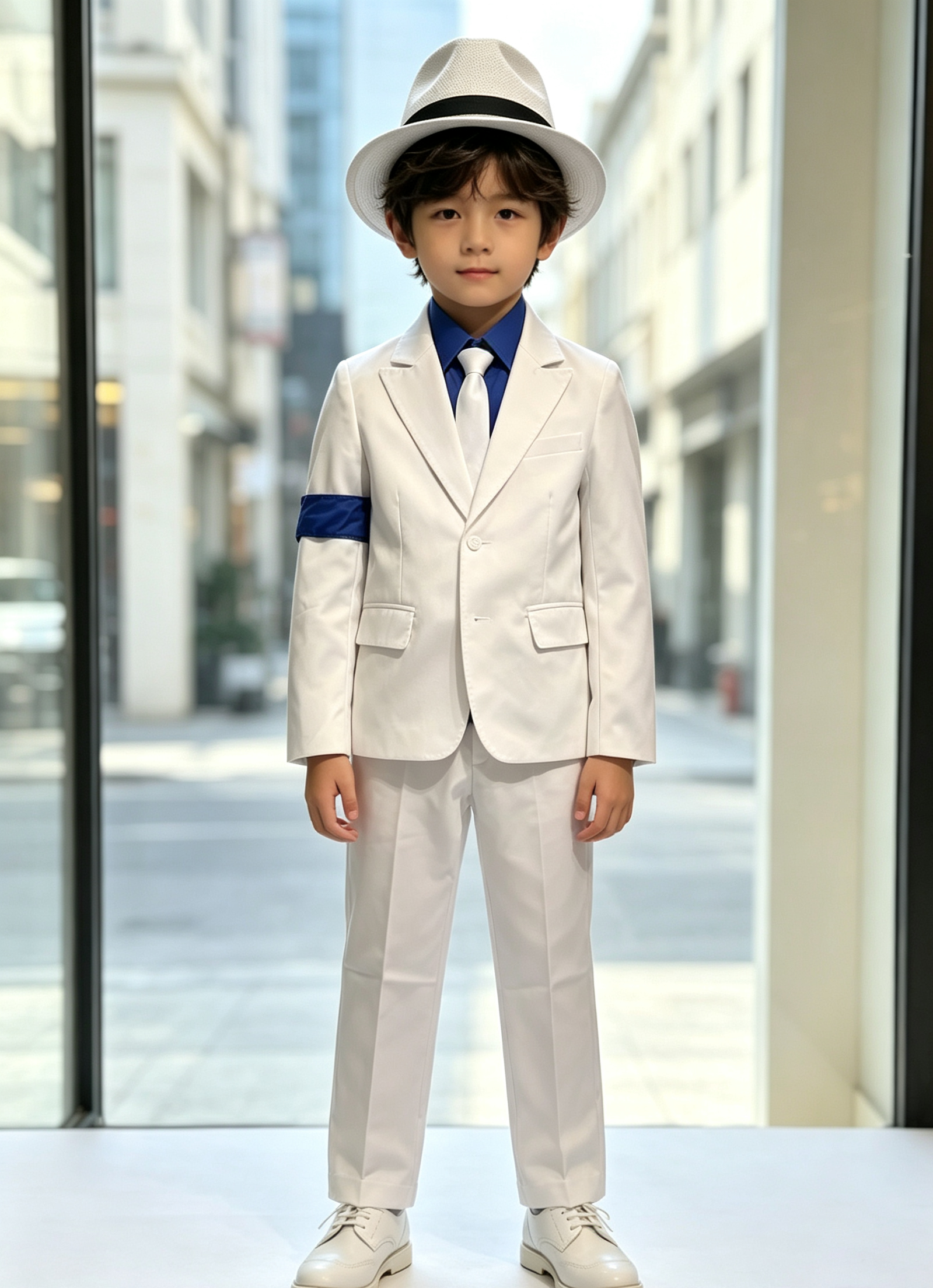 Ensemble de costume blanc pour enfants avec chapeau et brassard bleu, tenue de spectacle pour enfants
