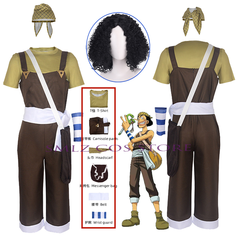 Costume Cosplay Usopp Anime GOD Barboteuses Brunes, T-shirt Blanc Scraft, Sac Bandeau, Halloween, ixde Noël, Tenue de Jeu