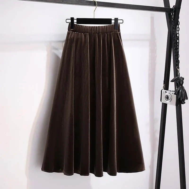 Femmes grande taille 4XL a-ligne jupes longues automne hiver dames taille haute jupe nouvelle femme doré velours Maxi jupe