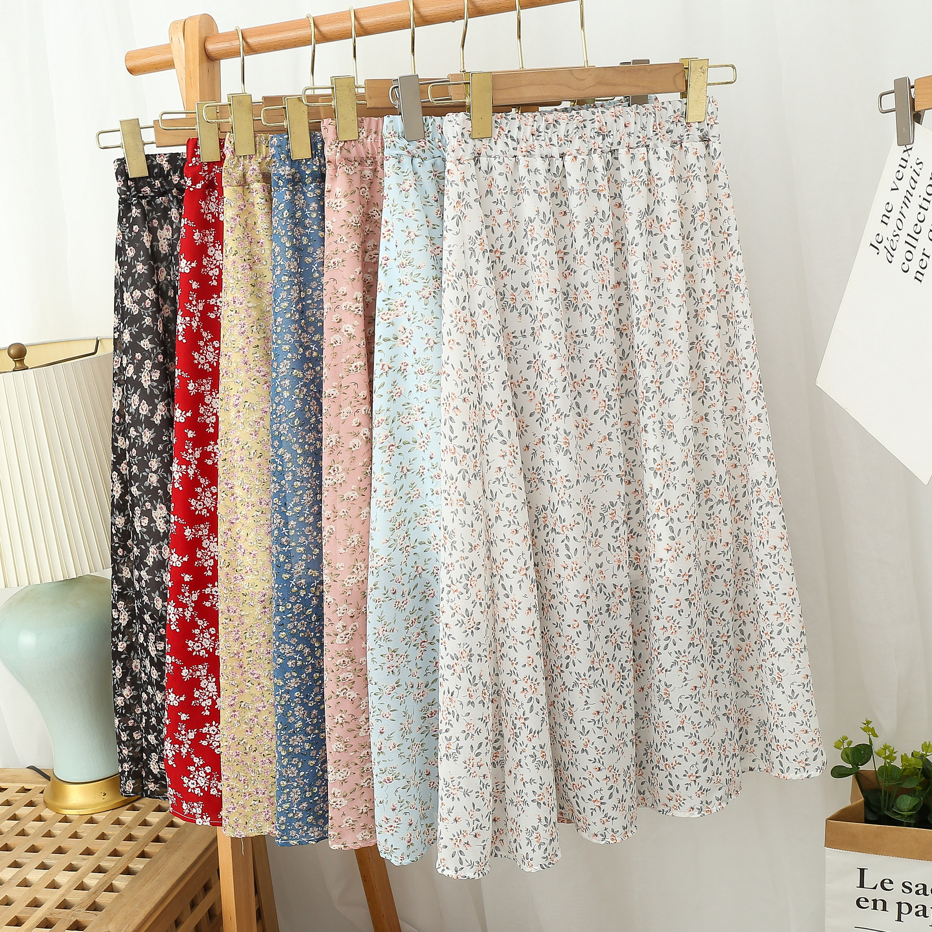 Longue jupe plissée en mousseline de soie pour femme, style bohème élégant, imprimé floral, ligne A, coréen, Harajuku, chic, simple, midi, été