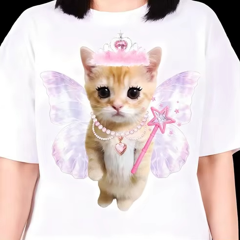 T-shirt pour femme style coréen Ins, motif chat domestique dessiné à la main et texte Hangul, en coton ample, style Y2K, décontracté, esthétique quotidienne