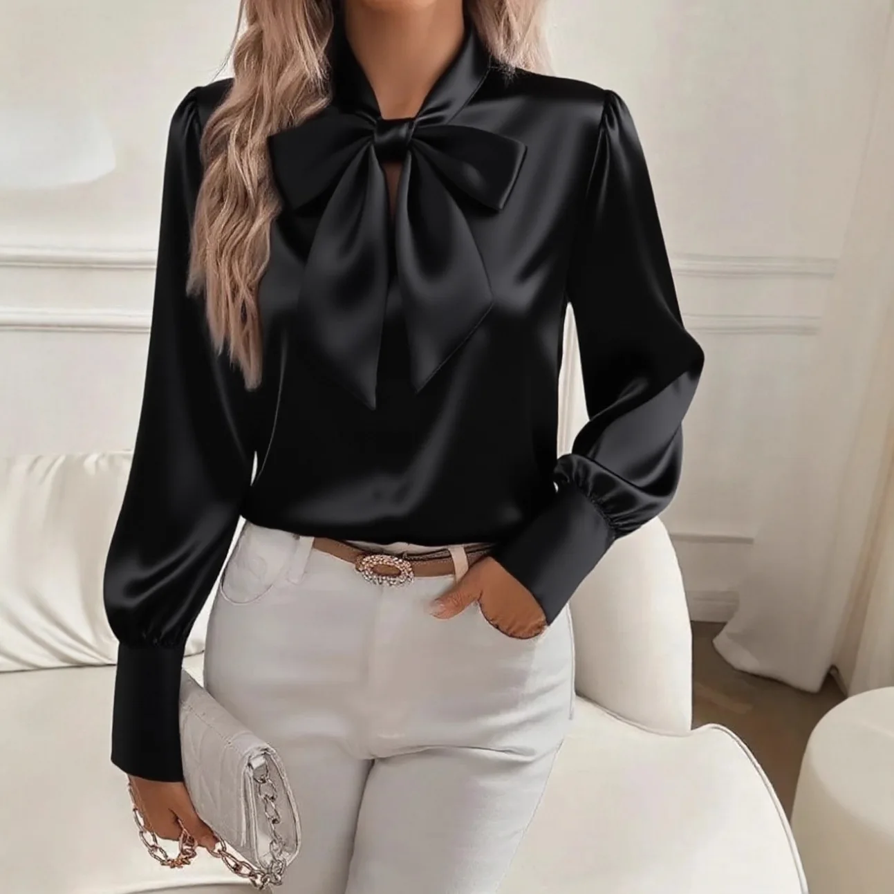 Chemisier en Satin à manches longues pour femmes, élégant, bureau, manches lanternes, doux, décontracté, chemises féminines, couleur unie, minimaliste, automne