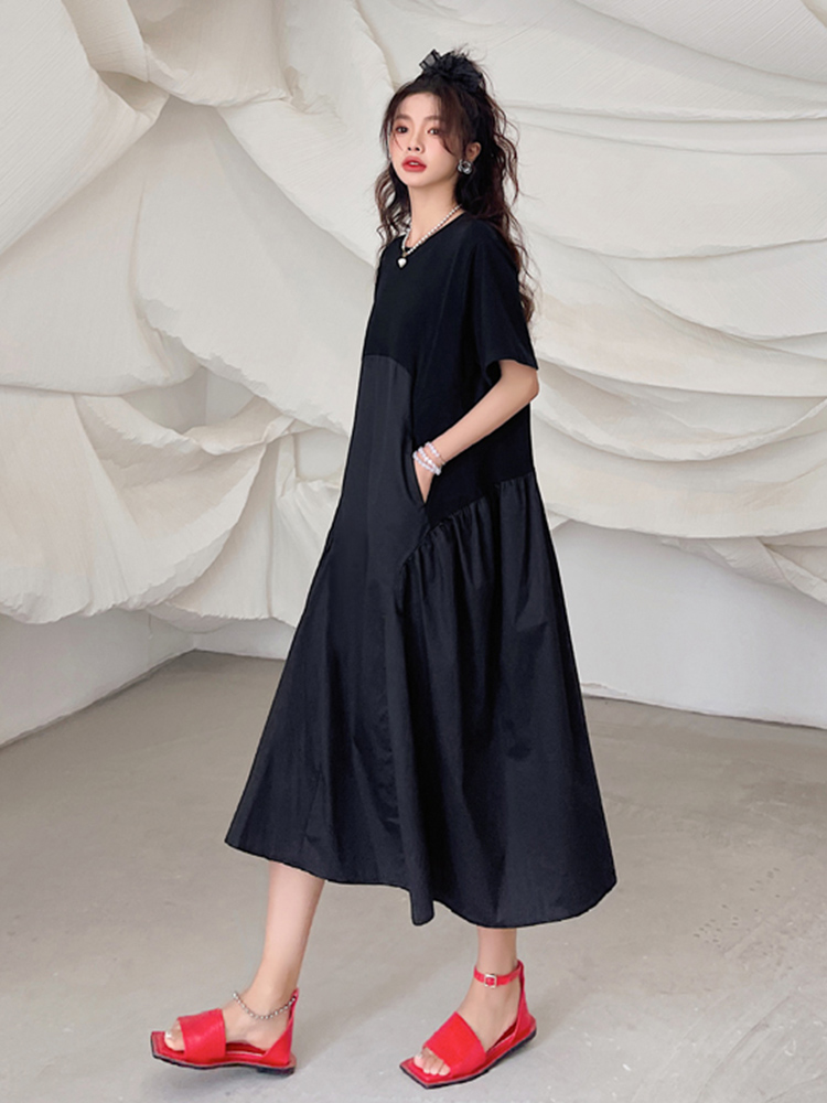 Robes plissées noires vintage patchwork pour femmes, nouvelle mode coréenne, manches courtes, coupe ample, décontractée, longue robe d'été, vêtements 2026