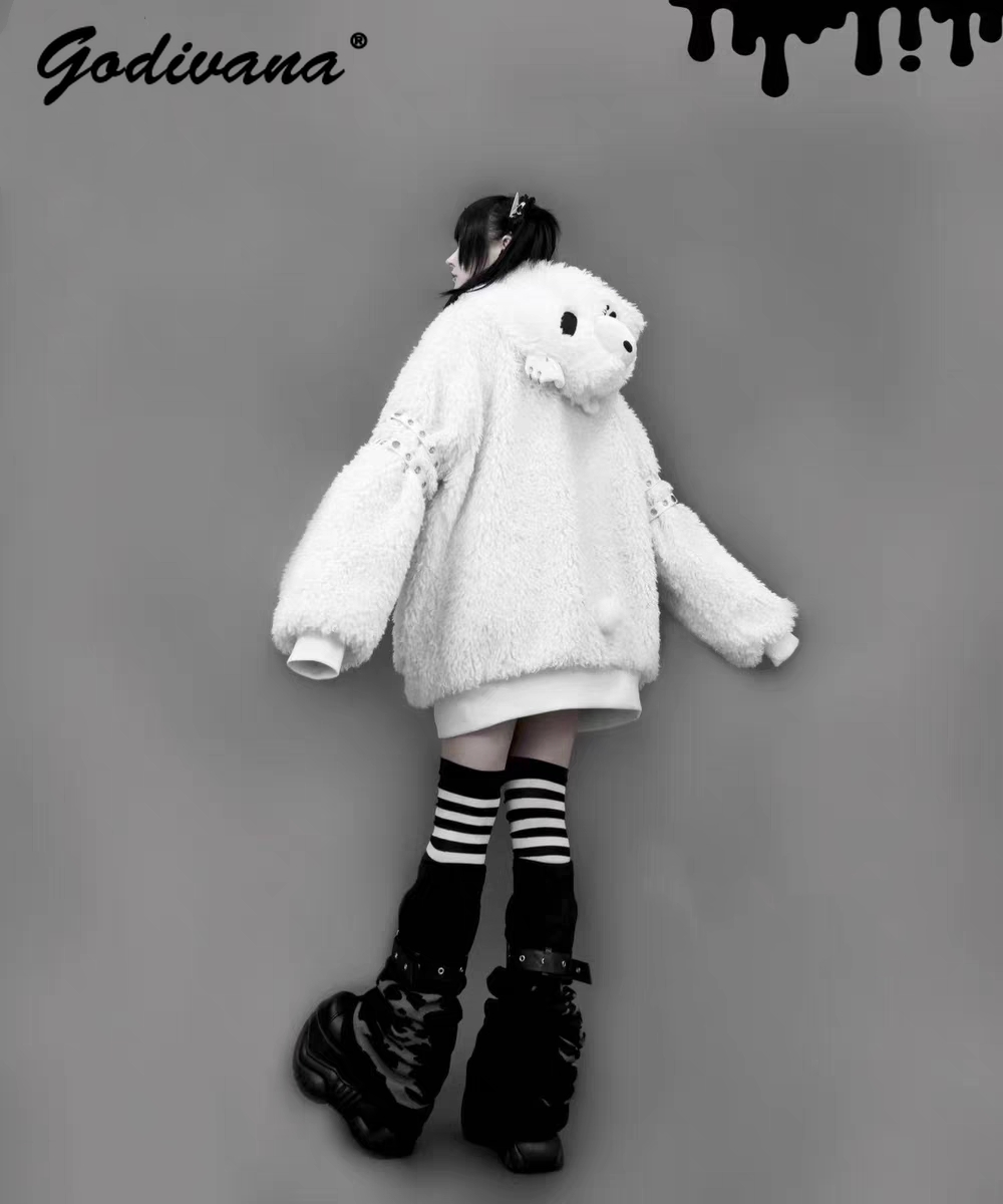 Manteau en peluche à capuche gothique japonais, nouvelle collection automne-hiver, sous-culture, fille cool, veste à capuche en laine d'agneau punk pour femme, veste à fermeture éclair