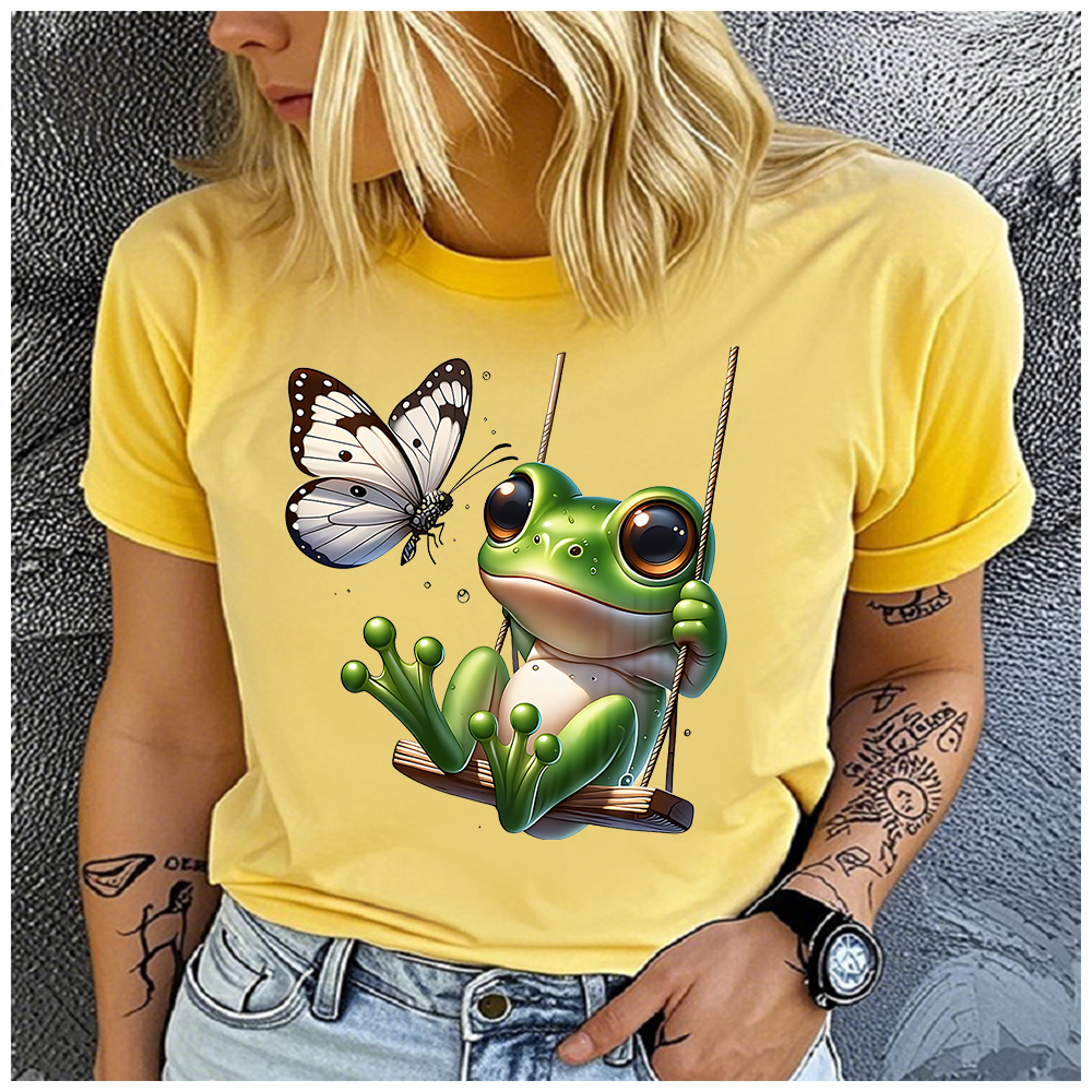 T-shirt en coton 100% pour hommes et femmes, imprimé grenouille sur le balançoire, col rond ample, décontracté, manches courtes, haut à la mode, vêtements d'été