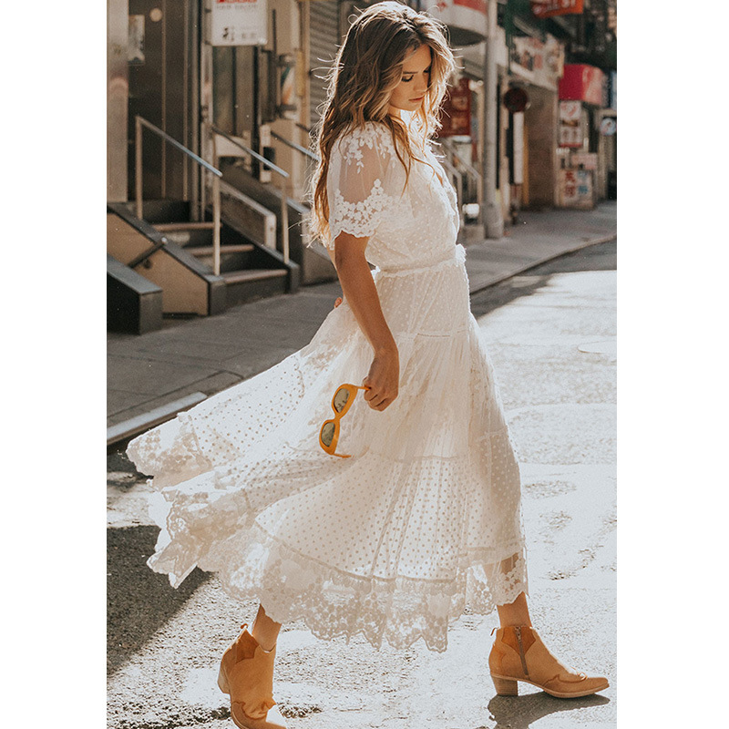 Robe femme blanc évider coton robe d'été dentelle sans manches longue épissage été fête élégante soirée femme jupe vêtements