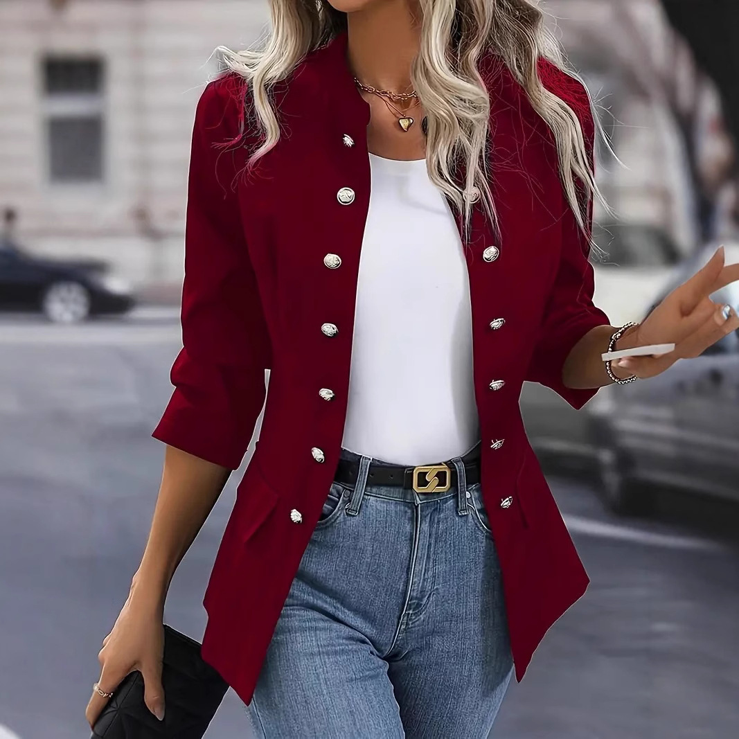 Femmes à manches longues vestes minces automne femme Double boutonnage bouton col montant Blazers FYY-207