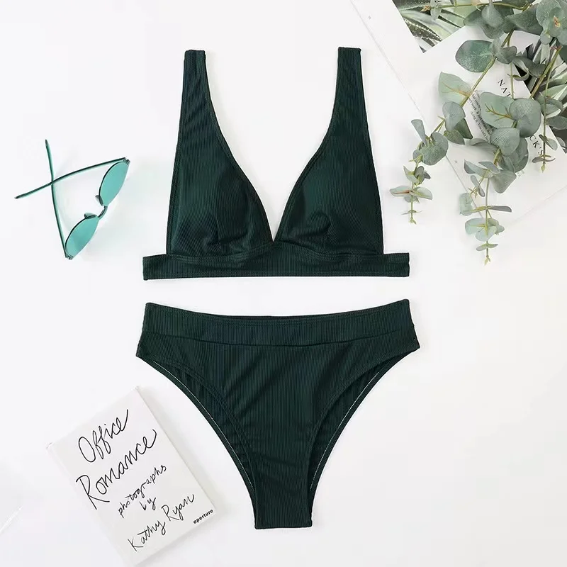 2024 nouveau Sexy col en v côtelé Bikini taille haute maillot de bain femmes solide Push Up maillots de bain femme maillot de bain ensemble Bikini maillots de bain