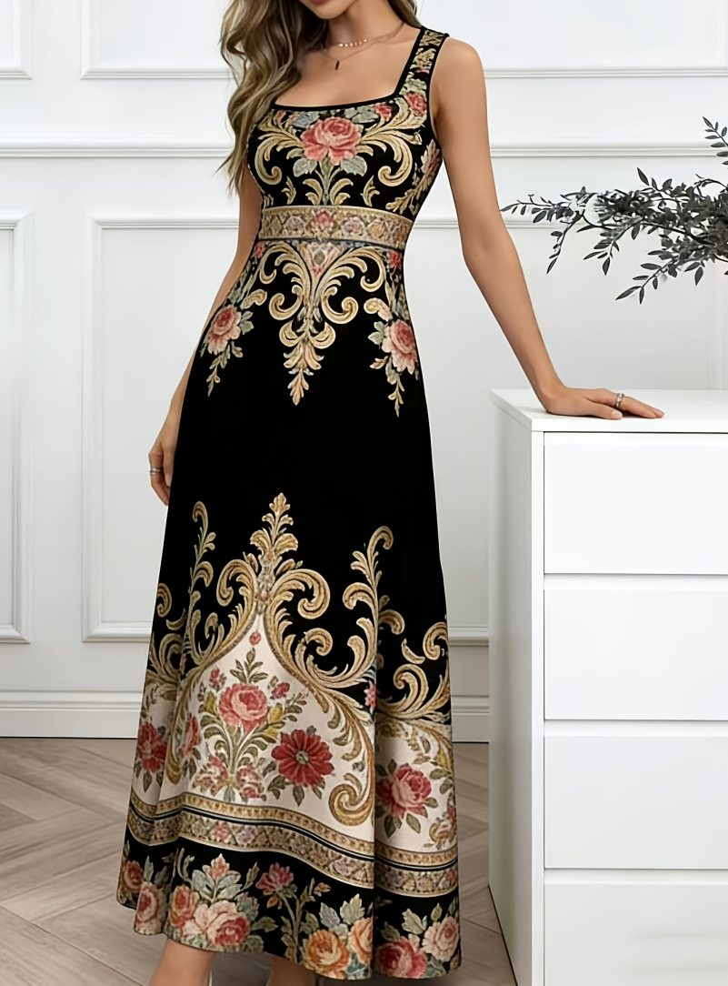 Robe longue sans manches à col carré et imprimé floral baroque vintage pour femme