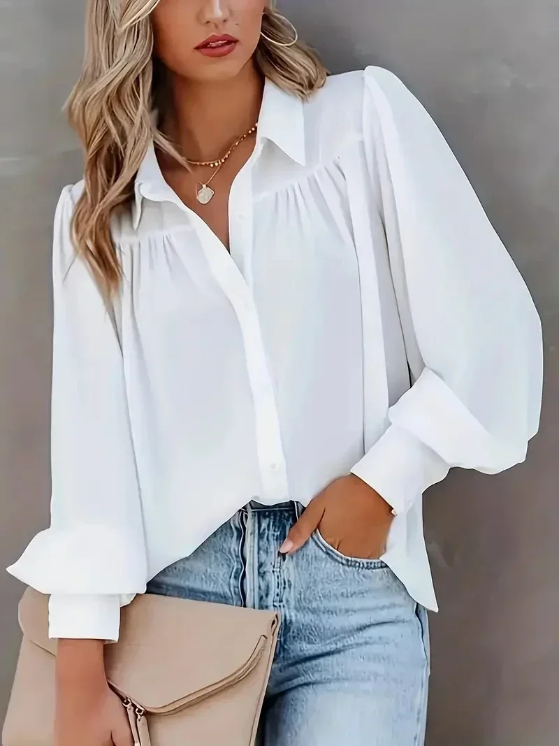 Grande taille 1XL-5XL femmes chemise unie à manches longues revers cou lâche lanterne manches Blouses nouveau automne déplacements mode chemises