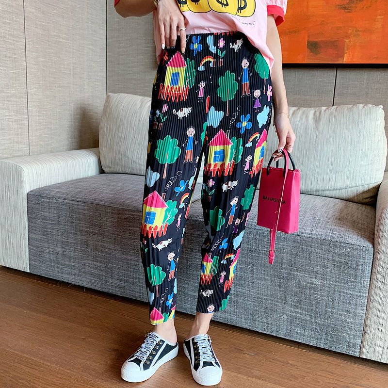 ChimKorean-Pantalon froncé taille haute élastique pour femme, poches imprimées, séchage rapide, droit, été