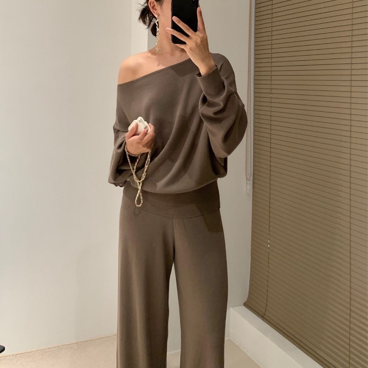 Style européen mode femmes printemps élégant Style paresseux épaules dénudées Mature col tricoté sweat large élégant deux pièces ensemble