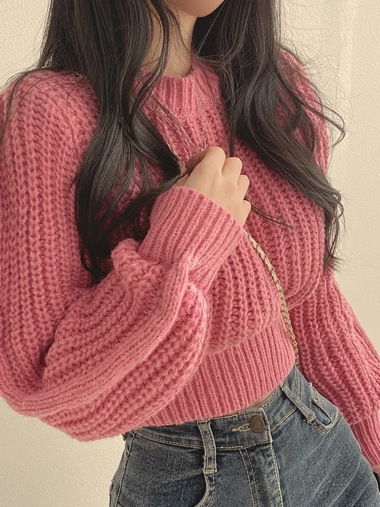 Hiver tricots pull femmes en vrac Vintage Harajuku lanterne à manches longues pull coréen automne femme doux dessus chaud Chic solide