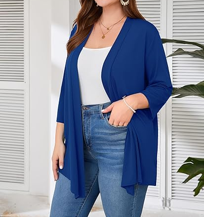 Cardigan grande taille pour femme, manches 3/4, léger et fin, haut tricoté de style châle à ouverture frontale, décontracté, doux et drapé, adapté