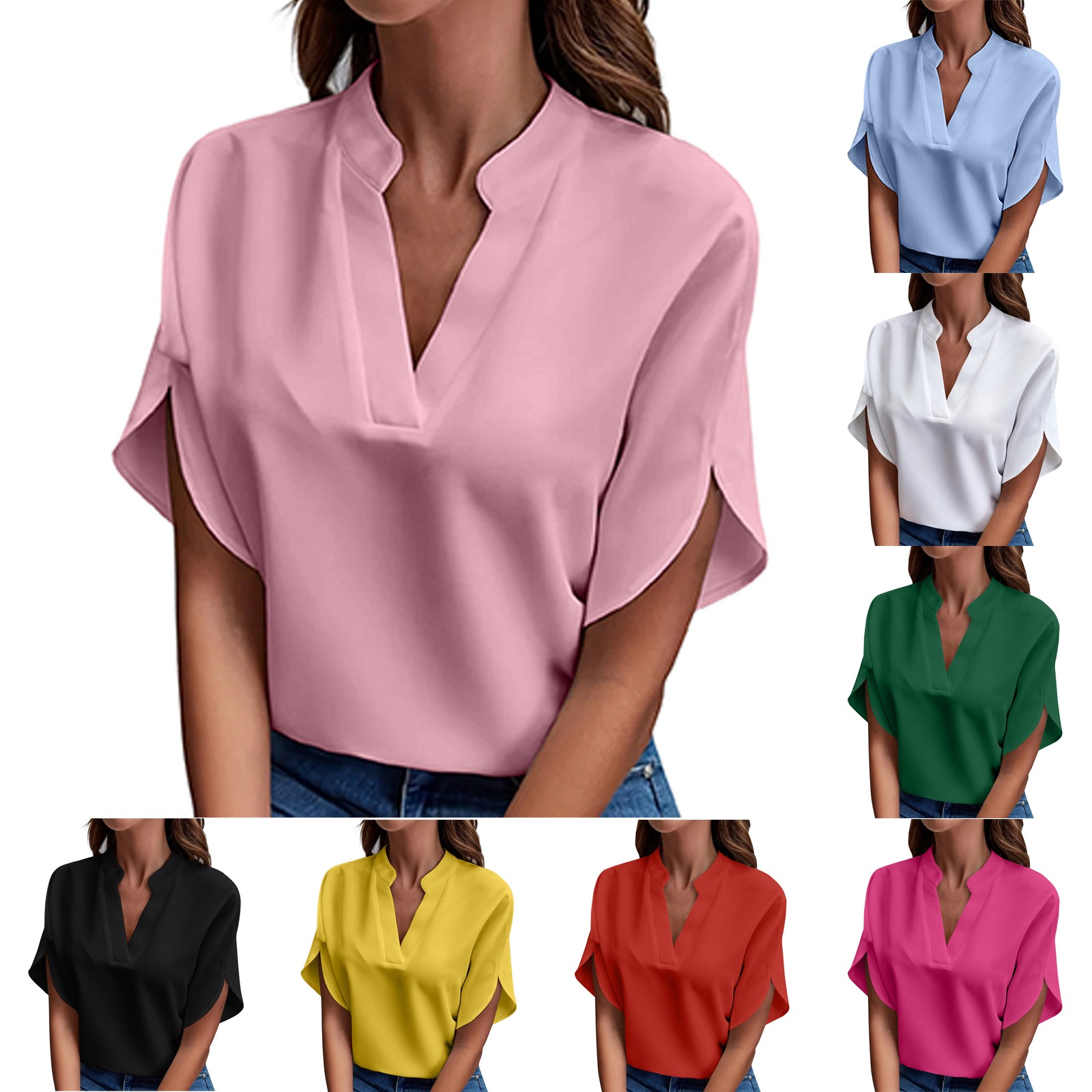 Hauts d'été pour femmes, chemisier à manches courtes, couleur unie, col en V, chemises amples et chemisiers élégants, hauts blancs, 2024
