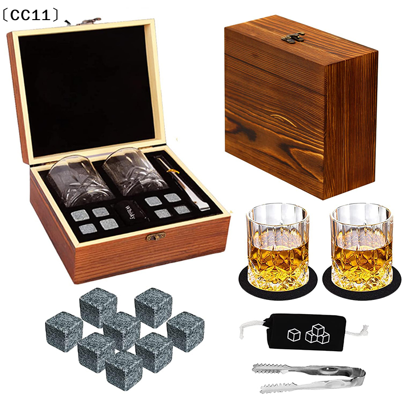 Cadeau pour la fête des pères, ensemble de pierres à whisky, 8 pièces, cubes de glace en granit + 2 tasses pour whisky dans une boîte en bois, cadeau pour papa〔CC11〕