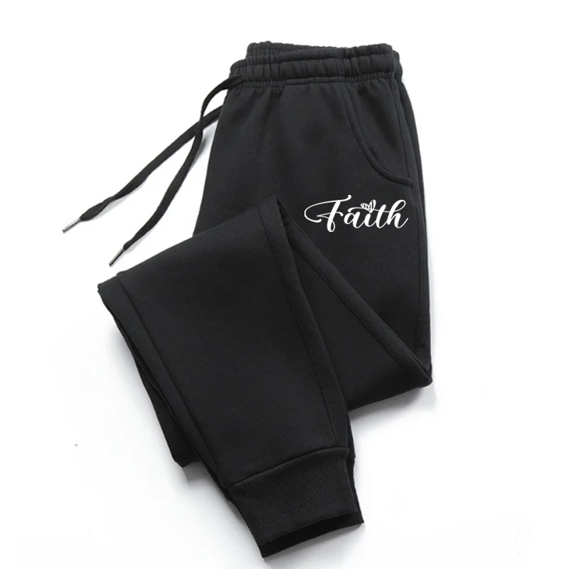 Pantalon de jogging long en molleton pour femme, imprimé lettres 'Faith', pour l'automne et l'hiver, idéal pour le sport, le fitness et les activités de plein air, style décontracté et tendance