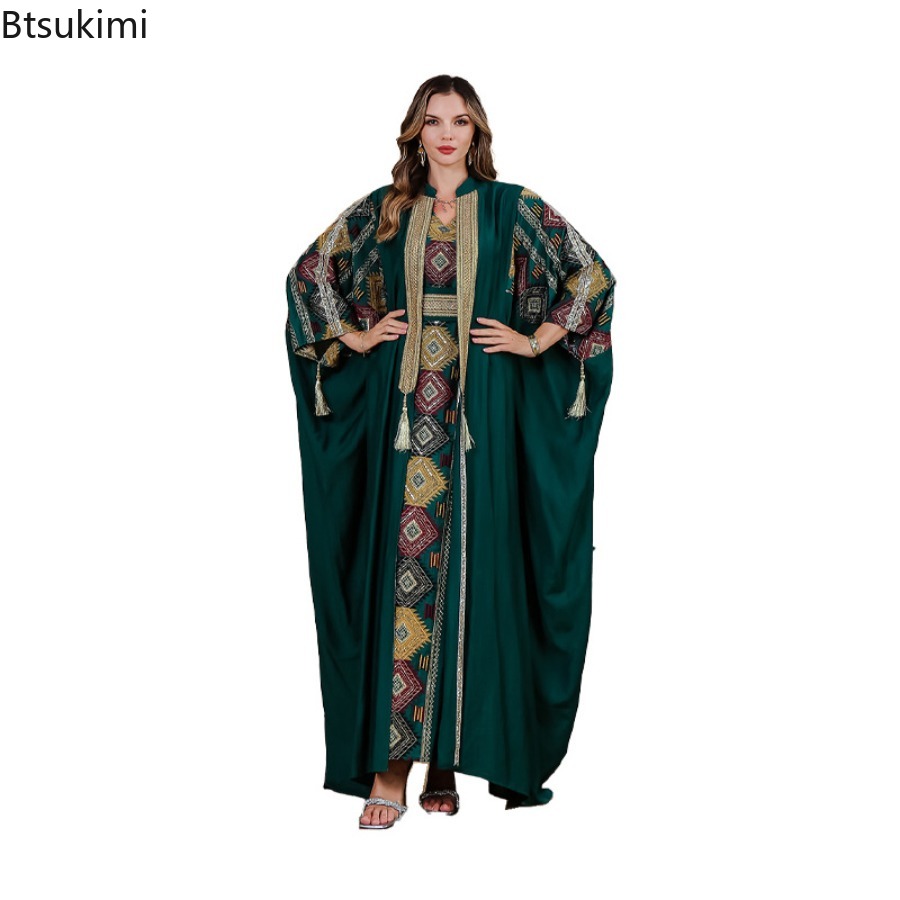 Ensembles 2 Pièces Musulmans pour Femme, Robes de Soirée Brodées, Ensembles Abaya Ouverte, Jalabiya, Kaftan de Dubaï, Robe de Fête, Cardigan pour l'Aïd et le Ramadan