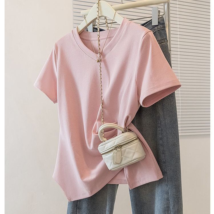 Vêtements pour femmes de grande taille, printemps et été, nouveau t-shirt décontracté ample et fin à plis irréguliers à l'intérieur et à l'extérieur, à manches courtes