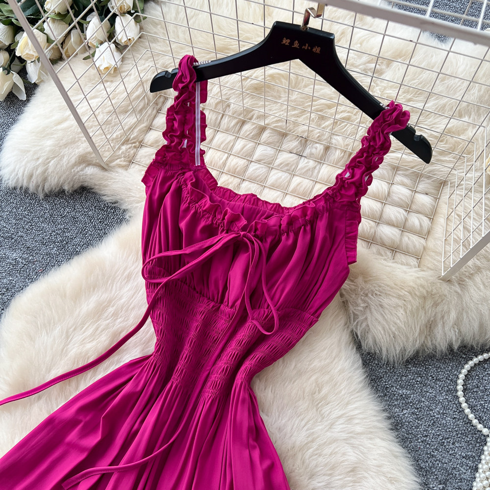 Robe longue femme style A-line, col en V, sans manches, à volants, coupe ajustée, élégante, style Y2K streetwear, pour soirée, travail, été