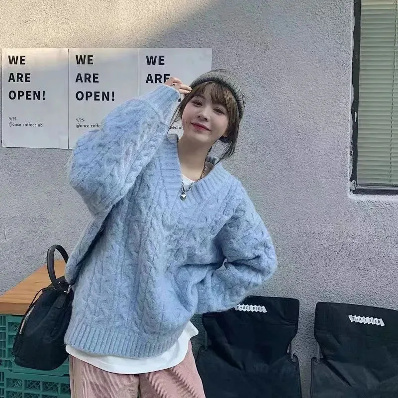 Fanan hiver femmes pull Harajuku surdimensionné tricoté pulls coréen à manches longues col en V tricots Preppy solide pull ample