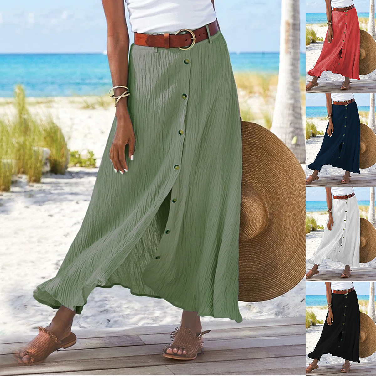 Jupe d'été en coton et lin pour femmes, fendue à boutons importants, imprimé floral, mode polyvalente, vacances, plage, jupe mi-longue