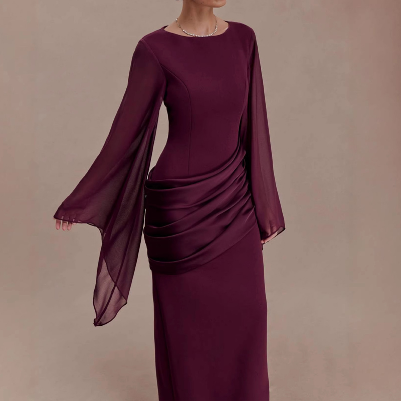 Robe de soirée décontractée à manches évasées et drapées pour femme, robe de mariée moulante unie à la taille, robe de soirée élégante à col rond pour occasions formelles et fêtes