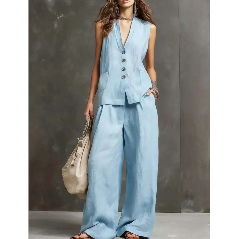 Ensemble deux pièces décontracté en lin et coton pour femme, style mode, avec haut gilet à col en V et pantalon large, idéal pour l'été