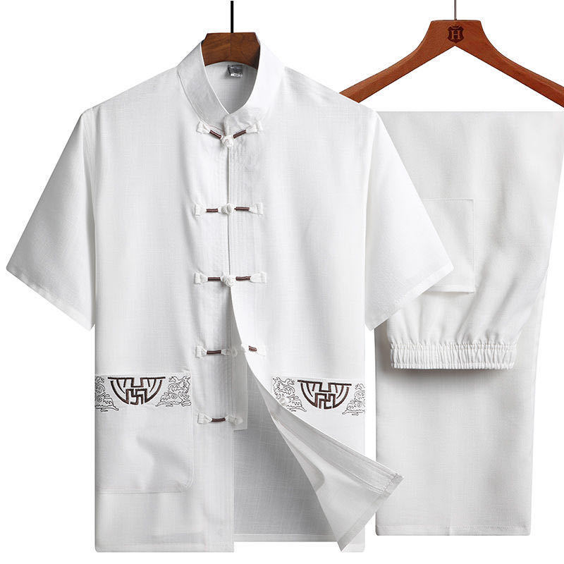 Ensemble de vêtements traditionnels chinois pour hommes, uniformes de chapelle Tai, uniformes de Kung Fu, lin, manches courtes, broderie, olympiques chinois décontractés