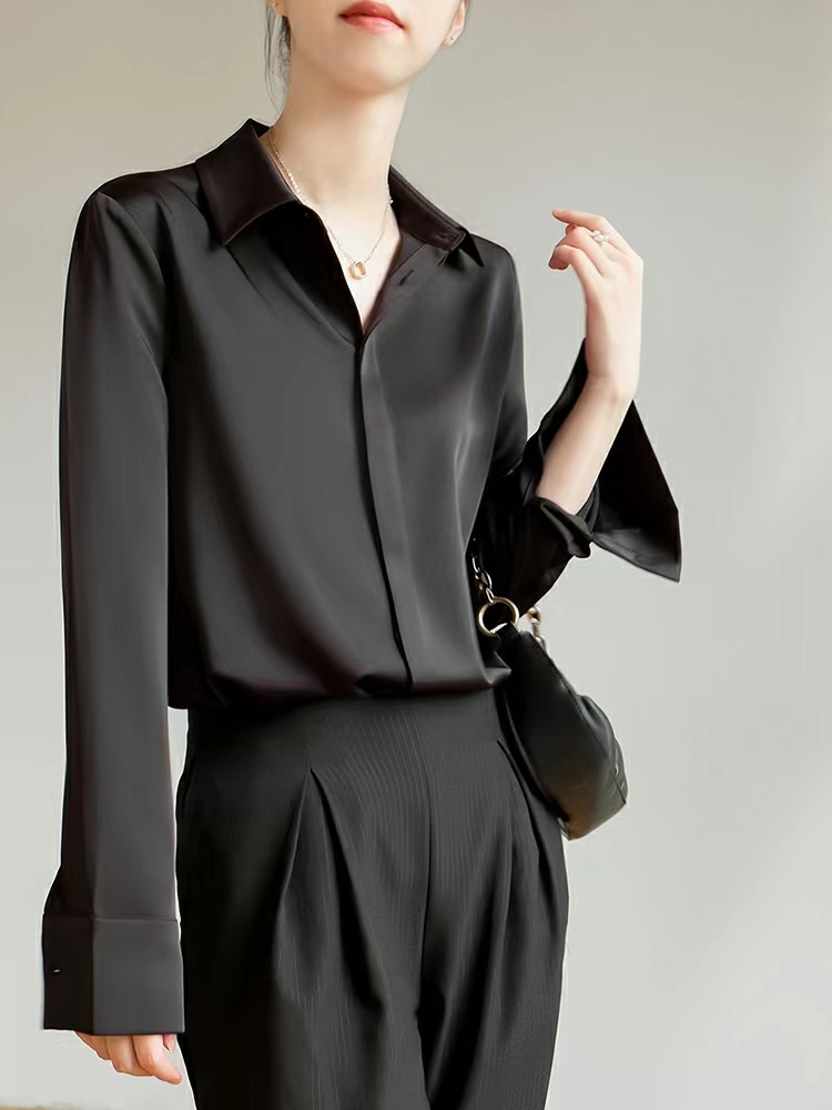 Chemisier en Satin à manches longues pour femmes, mode française, chemises de couleur unie, vêtements de bureau élégants pour dames, vêtements coréens pour dames
