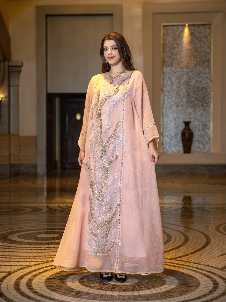 Abaya Jalabiya pour femmes musulmanes, robe de soirée longue, robe arabe éducative, paillettes marocaines, Kaftan Islam, Eid Party
