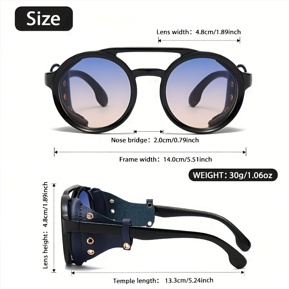 Lunettes de soleil rondes rétro steampunk pour hommes et femmes, en cuir, style punk vintage, protection UV400, anti-vent, pour sports de plein air et équitation