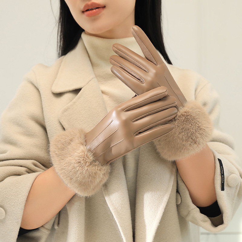 Gants en cuir PU pour femmes, avec garniture en fausse fourrure, manchette pour temps froid, doublure thermique épaisse, gants chauds coupe-vent, mode hiver