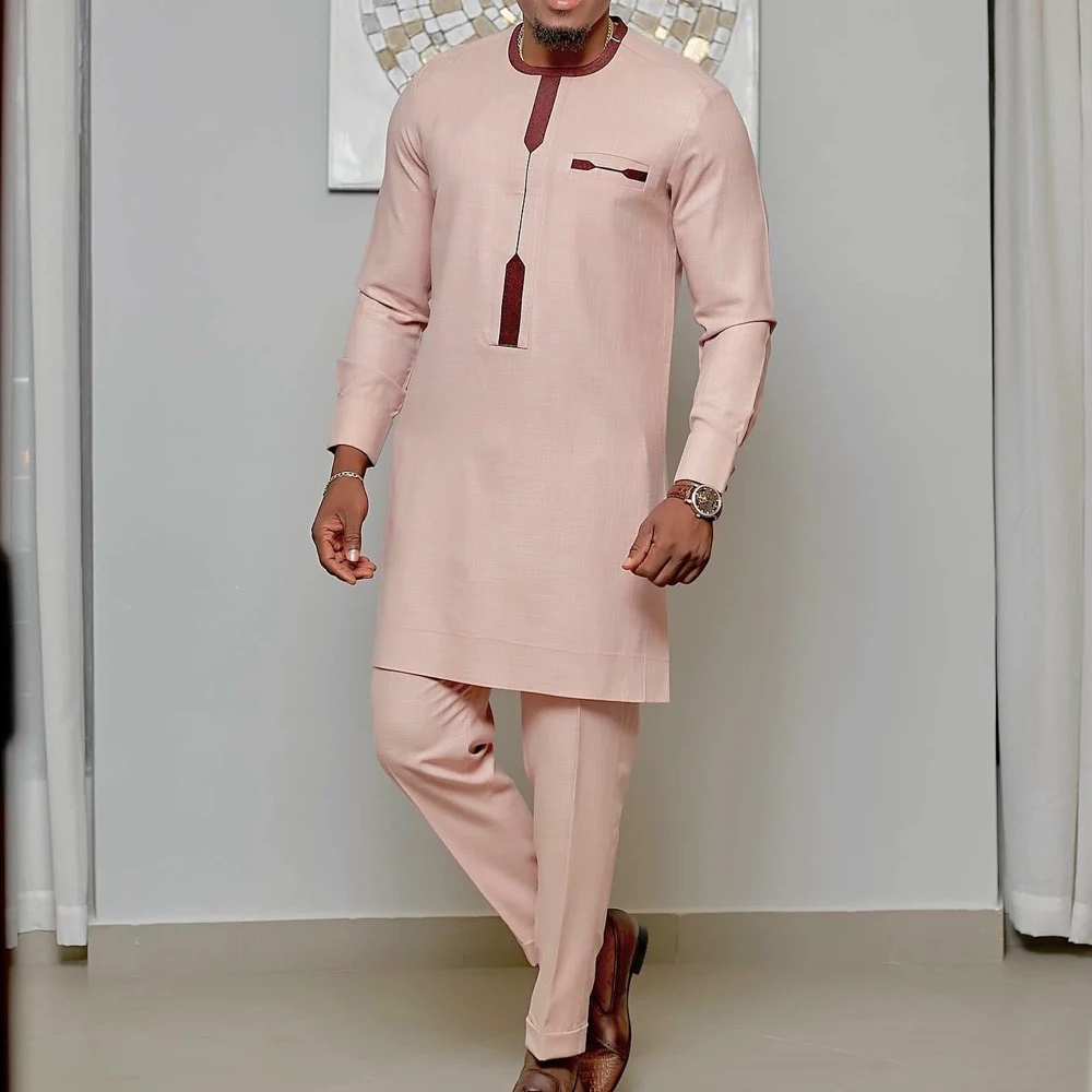 Costumes Kaunda de mariage blancs pour hommes, manches longues, pantalons en Y, ethnique africaine, vêtements traditionnels décontractés, tenues caftan imbibées, 2 pièces