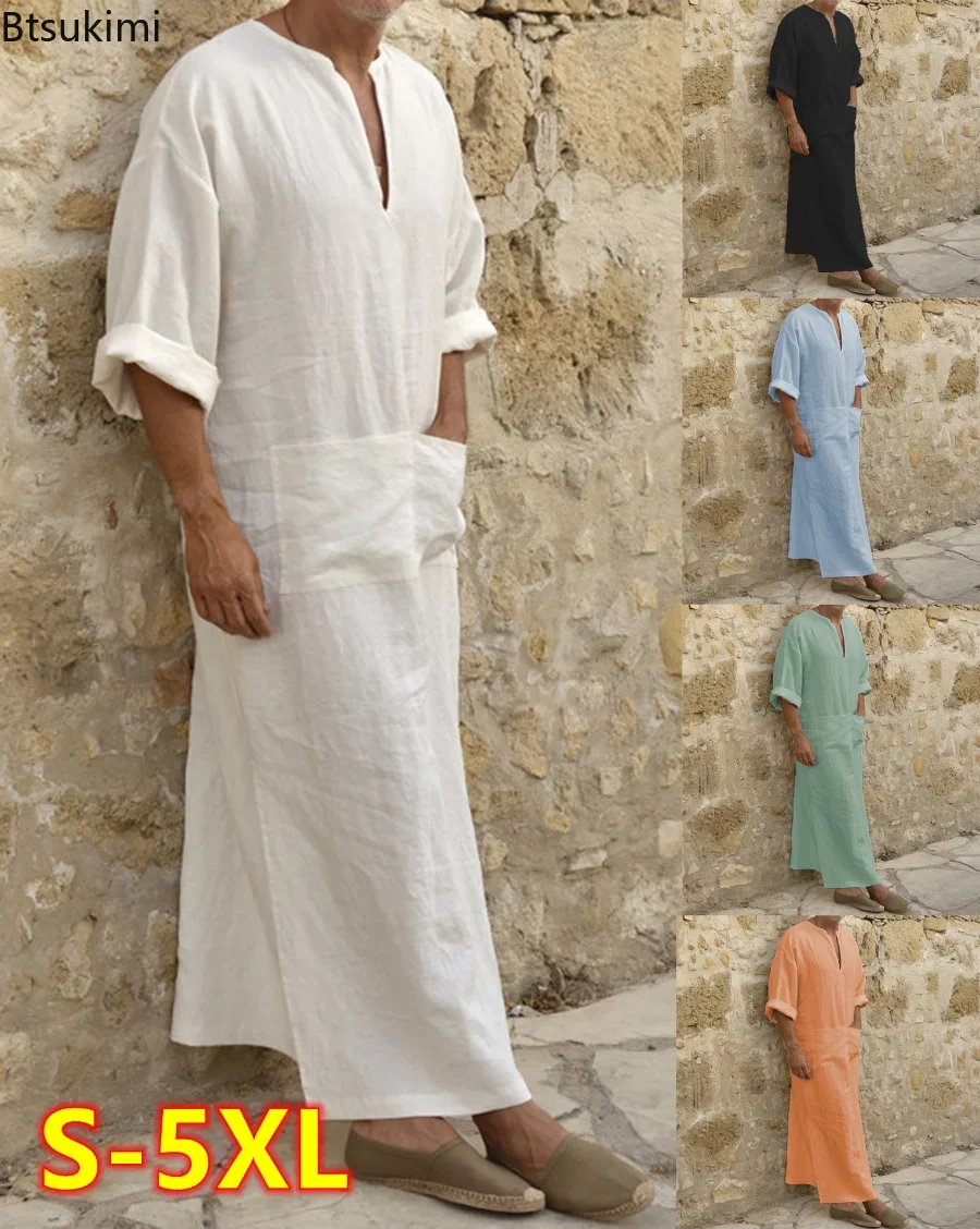 Grande taille 4XL 5XL hommes Robe musulmane col en v décontracté coton/lin poches ample à manches longues Vintage arabe ethnique Robe islamique mâle