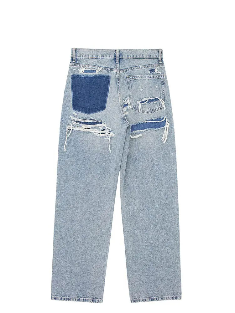 Jean pour femmes 2024 Denim solide ample fermeture éclair mouche femme trou pantalon poches sauvage basique trajet femme jambe large pantalon Long