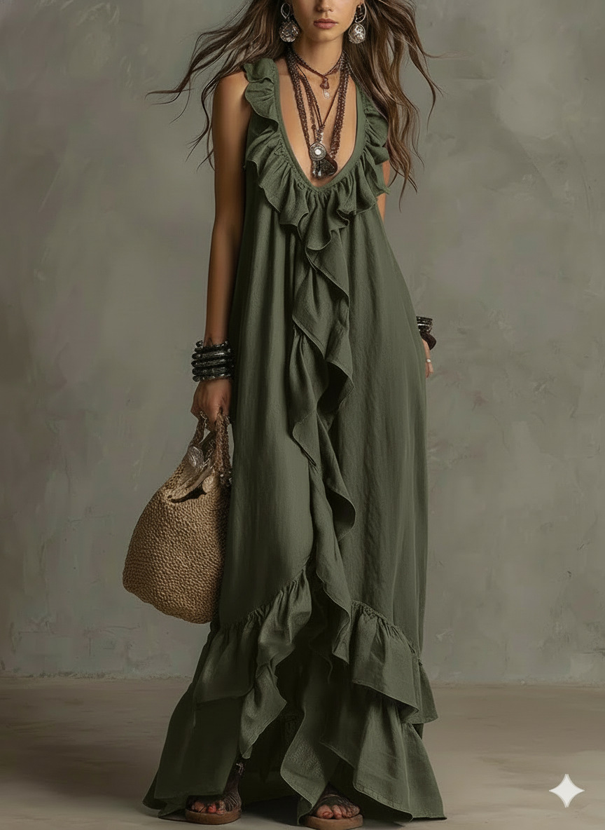 Robe longue décontractée pour femme style bohème européen, débardeur sans manches avec volants, col en V sexy, idéale pour les vacances à la plage