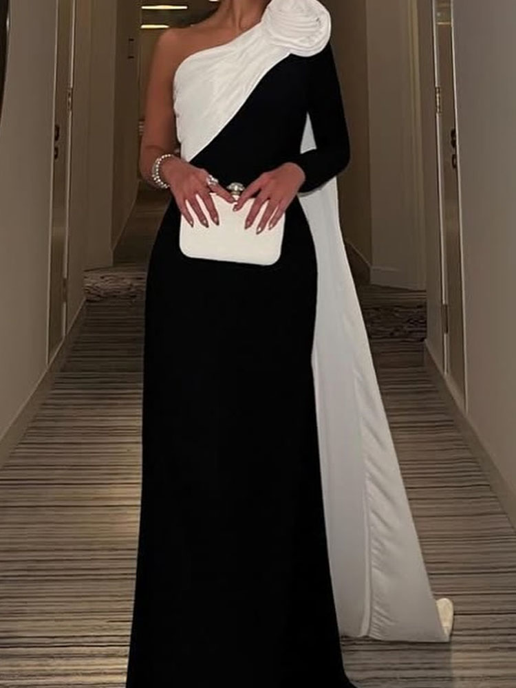 Robe longue décontractée, couleur bloquée, Slim, élégante, asymétrique épaule dénudée, manches longues, mode femme, taille haute, drapée, robe sirène