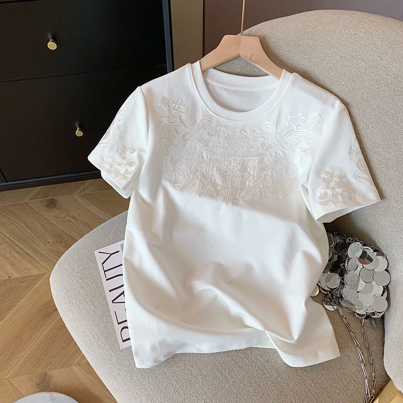 Femmes vêtements été mode Vintage broderie blanc coton basique t-shirt femme Simple décontracté col rond manches courtes hauts amples
