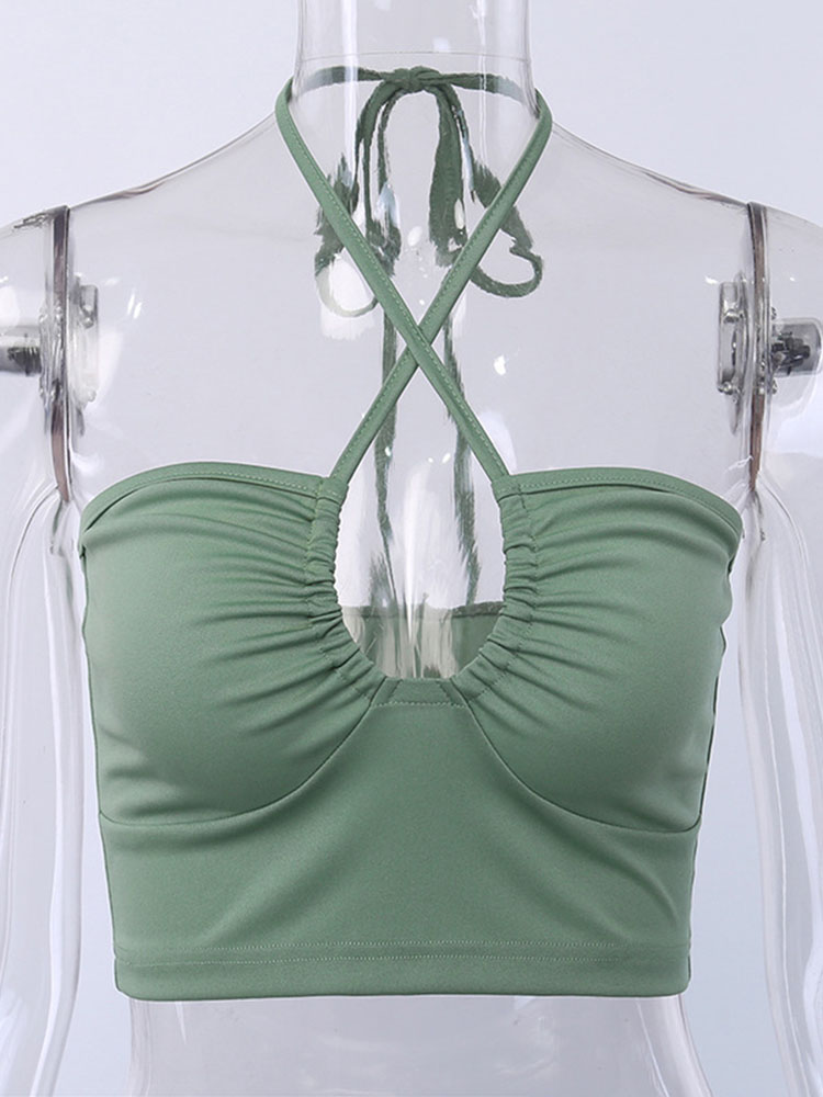Sexy solide à lacets nœud licou froncé haut court mode sans manches dos nu bustiers femme haut pour femme nouvelles femmes