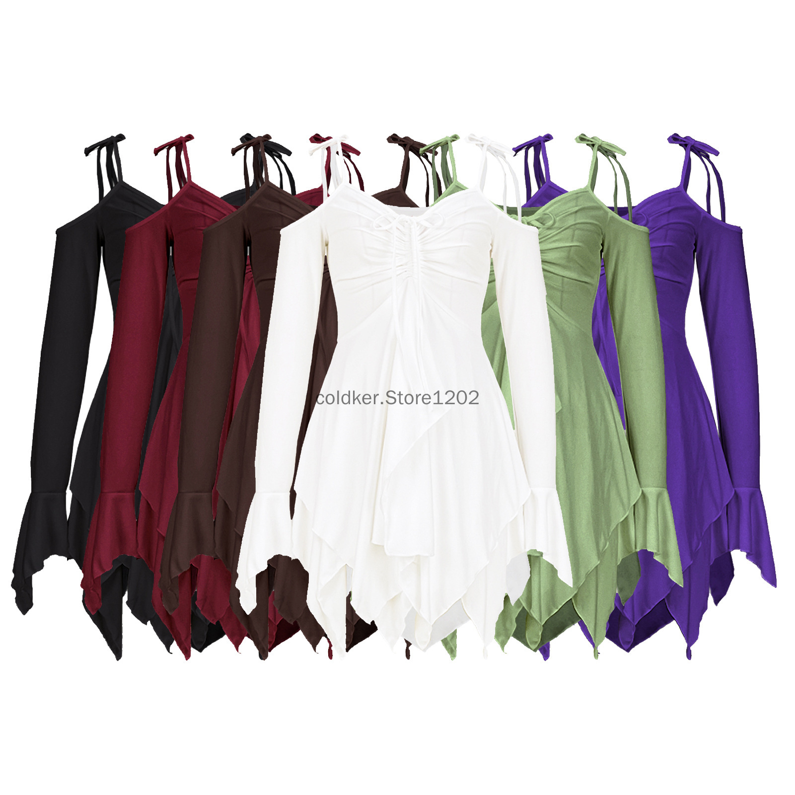 Robe Courte Plissée Gothique Femme 2026 avec Cordon de Serrage, Couleur Unie, Style Y2K, Irrégulière, à Lacets, Épaules Dénudées, Manches Longues