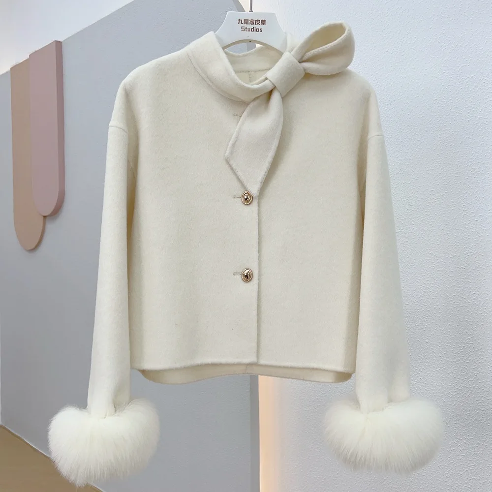 Manteau en Laine pour Femme 2026 Nouvelle Collection Hiver avec Poignets en Fourrure de Renard Naturelle, Veste de Luxe en Cachemire et Laine pour Femme