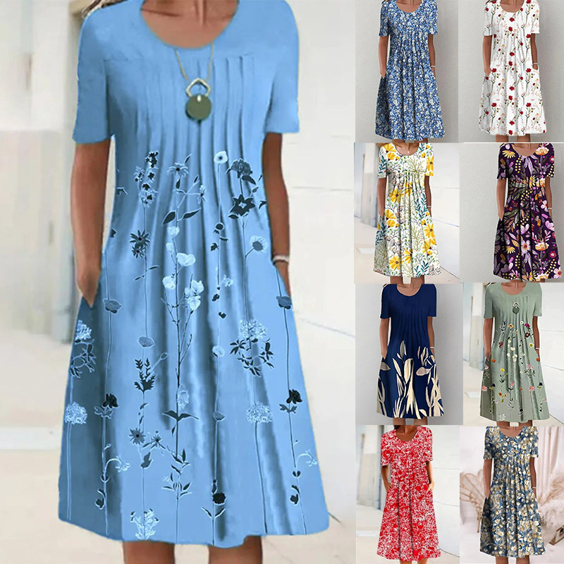 Robes pour femmes 2026 Printemps-Été, imprimé floral, manches courtes, col rond, poches, longueur genou, pour vêtements féminins