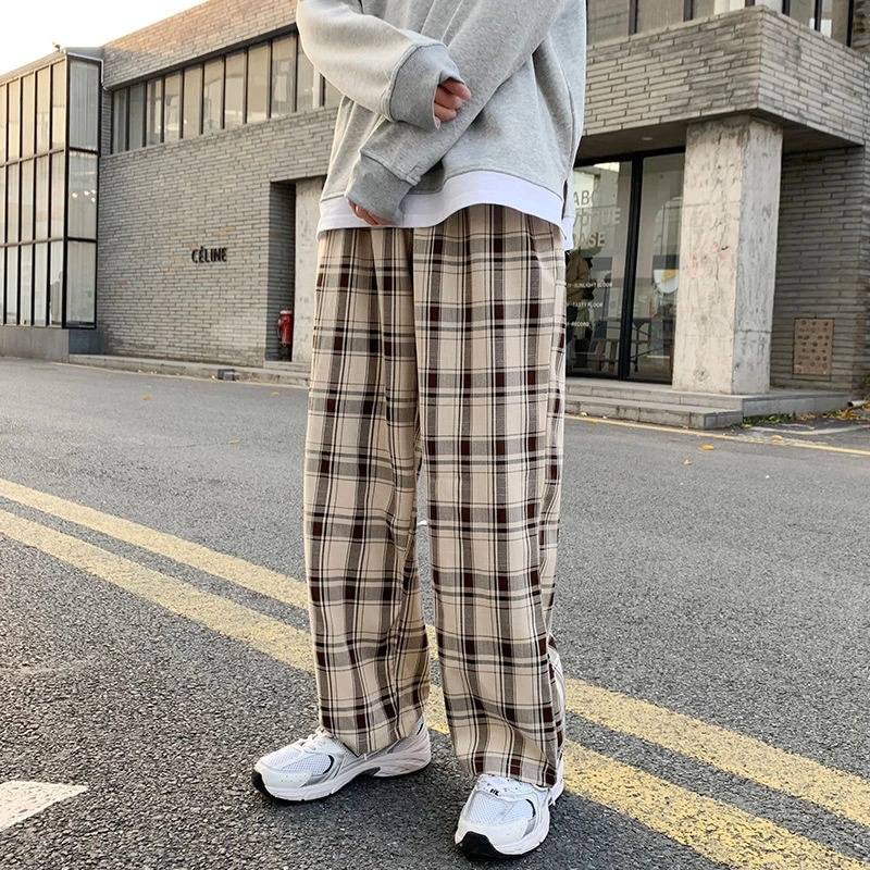 Pantalon à carreaux à carreaux pour hommes, streetwear à carreaux coréen, bas d'été, pantalon à jambes larges, Harajuku, respirant, fjMale, mode, 2022