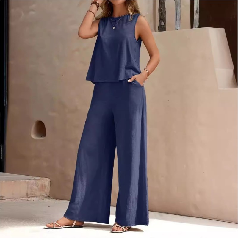 Nouveau femmes sans manches gilet et pantalon deux pièces ensemble mode couleur unie deux pièces col rond haut pantalon costume ensemble décontracté