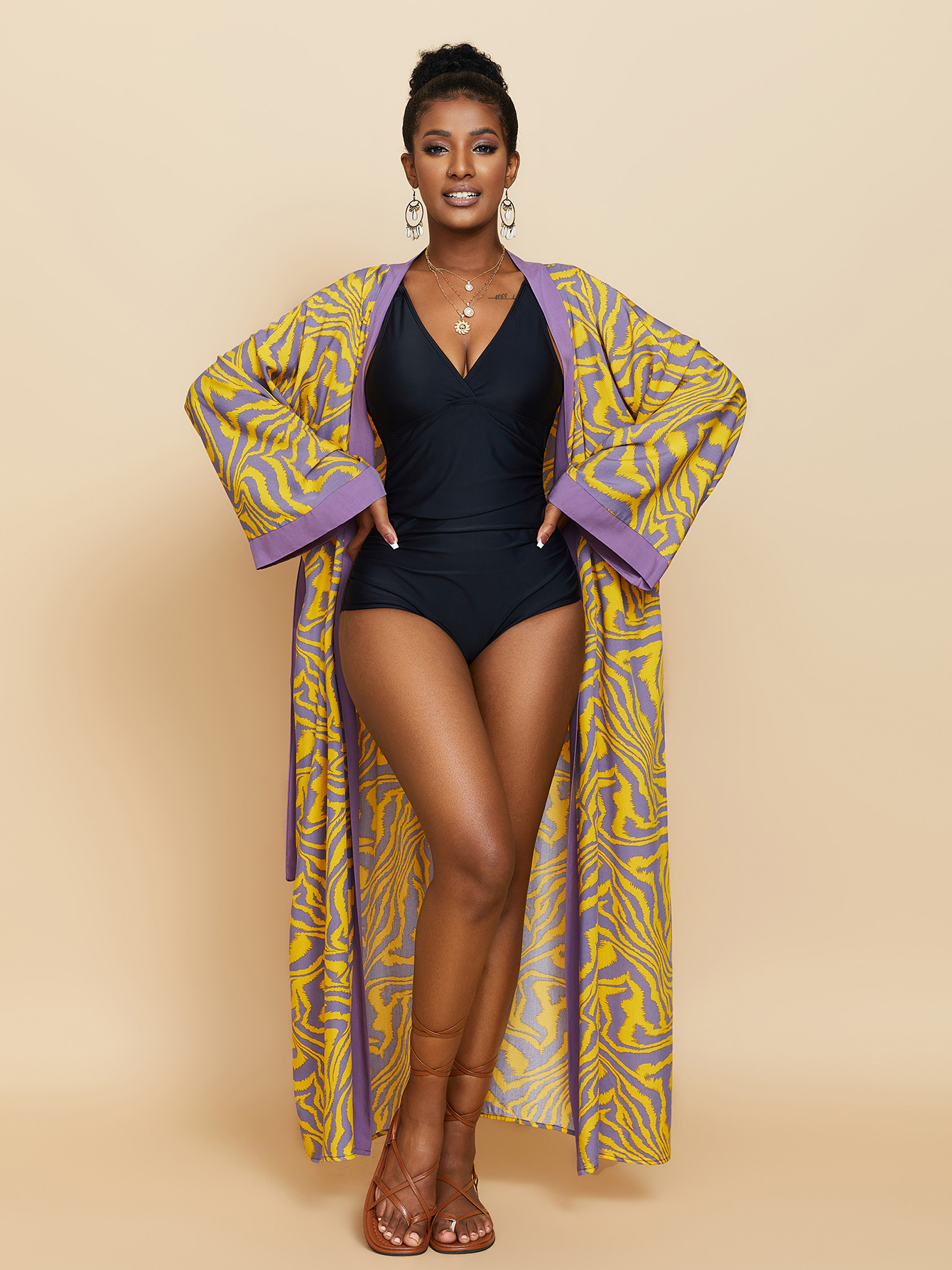 Femmes longue plage Kimono courbe ourlet ample ouvert devant cravate colorant maillot de bain couvrir
