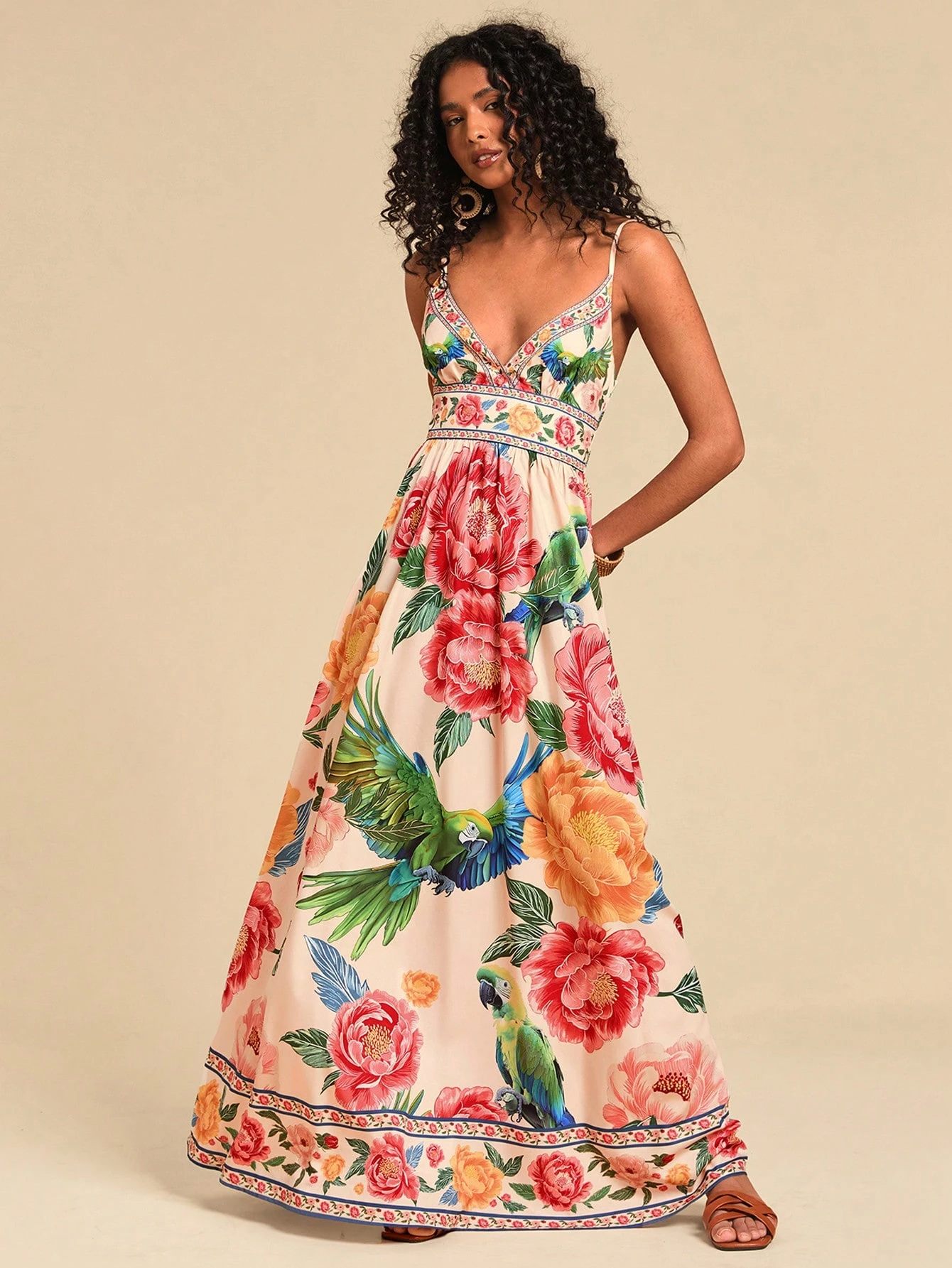 Robe longue élégante à imprimé bohème pour femmes, ceinture en V profond avec taille haute, idéale pour les vacances d'été à la plage.